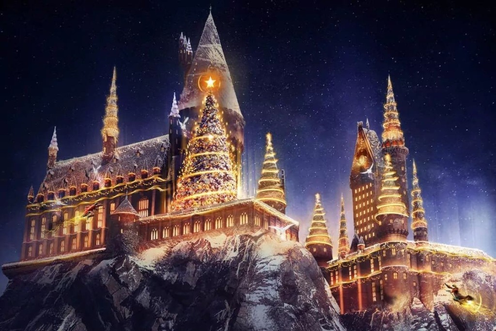 Natal do Harry Potter na Universal Orlando: Castelo do Harry Potter com projeção de natal