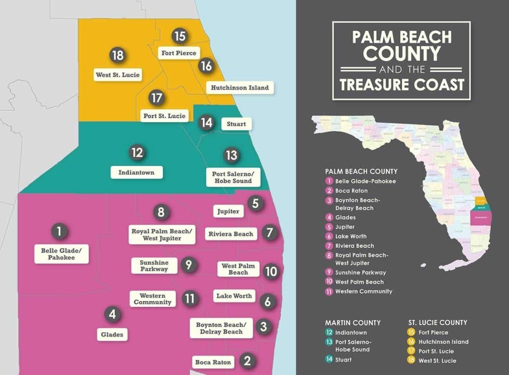 Mapa das praias e regiões de Palm Beach na Flórida