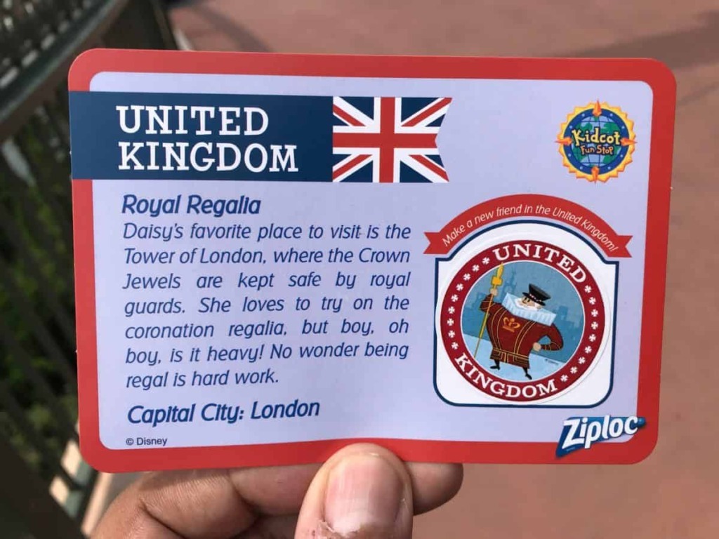 Cartões e adesivos dos países para colecionar no Disney Epcot: United Kingdom