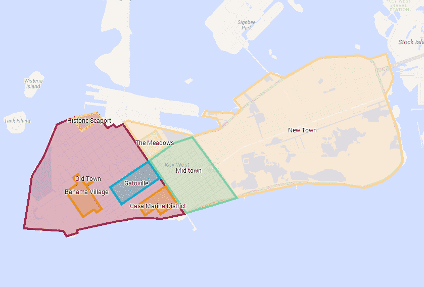 Mapa das regiões de Key West em Miami 