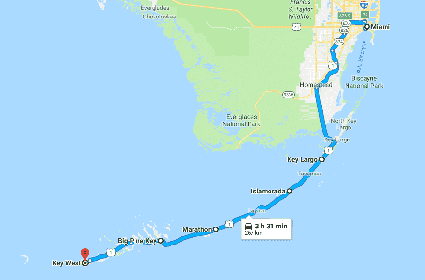 Mapa do roteiro pelas praias do sul da Flórida