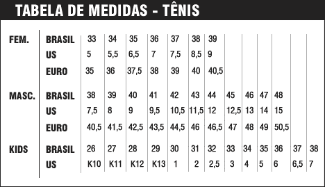 Medida de tênis e sapatos EUA x Brasil