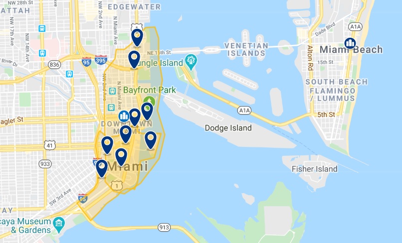 Mapa dos melhores hotéis em Downtown Miami