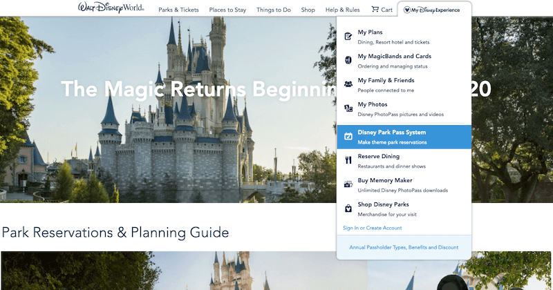 Passo 1 de como fazer a reserva para visitar os parques da Disney Orlando